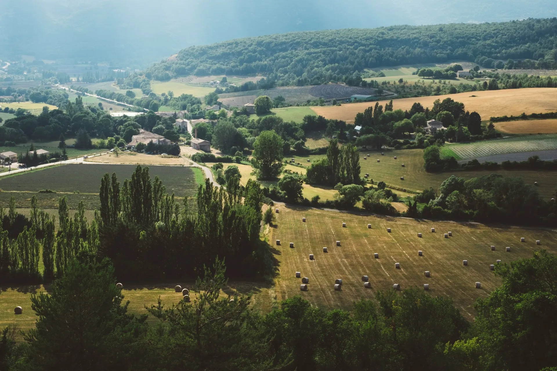 Champs de grandes cultures et bottes de foin dans une vallée